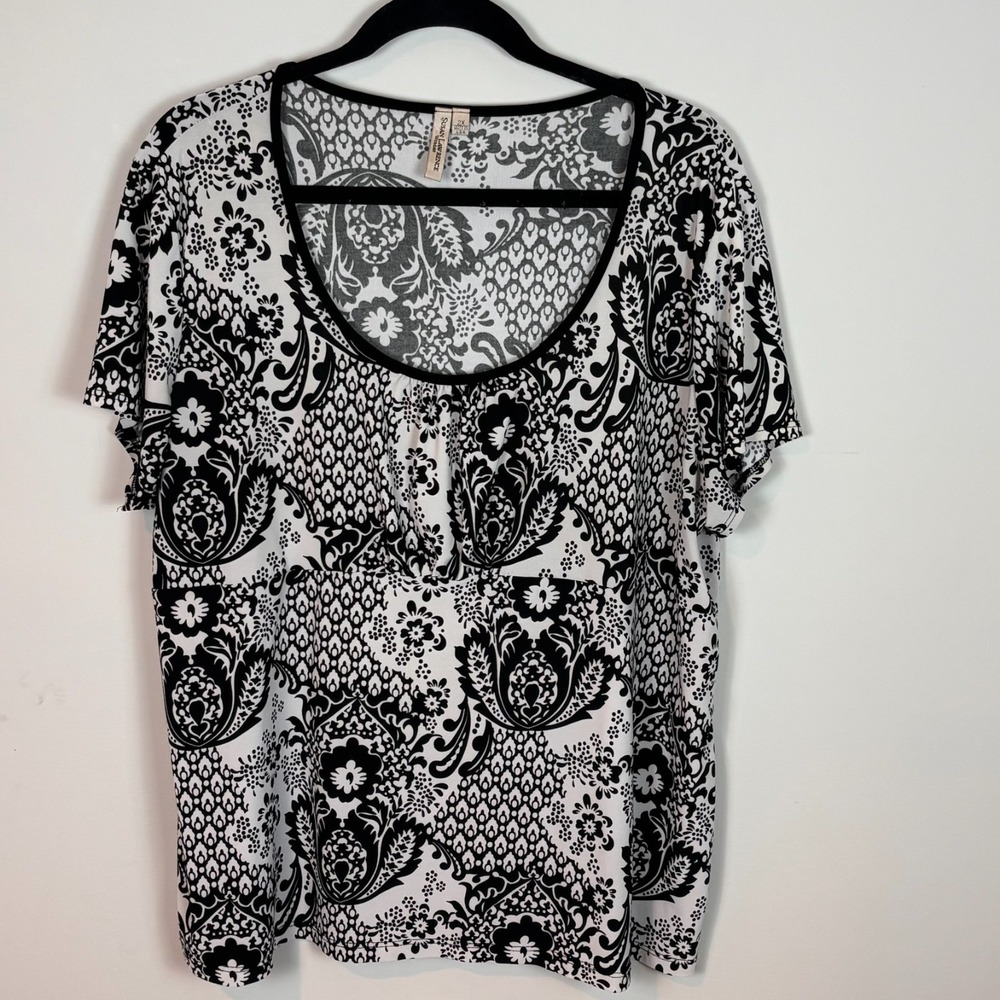 Susan Lawrence Black White Paisley Liquid Knit Short Sleeve Stretch Top Women 2X